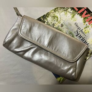 Silver Clutch/ Wristlet button closure with handle by BAGGS "Leather like" soft